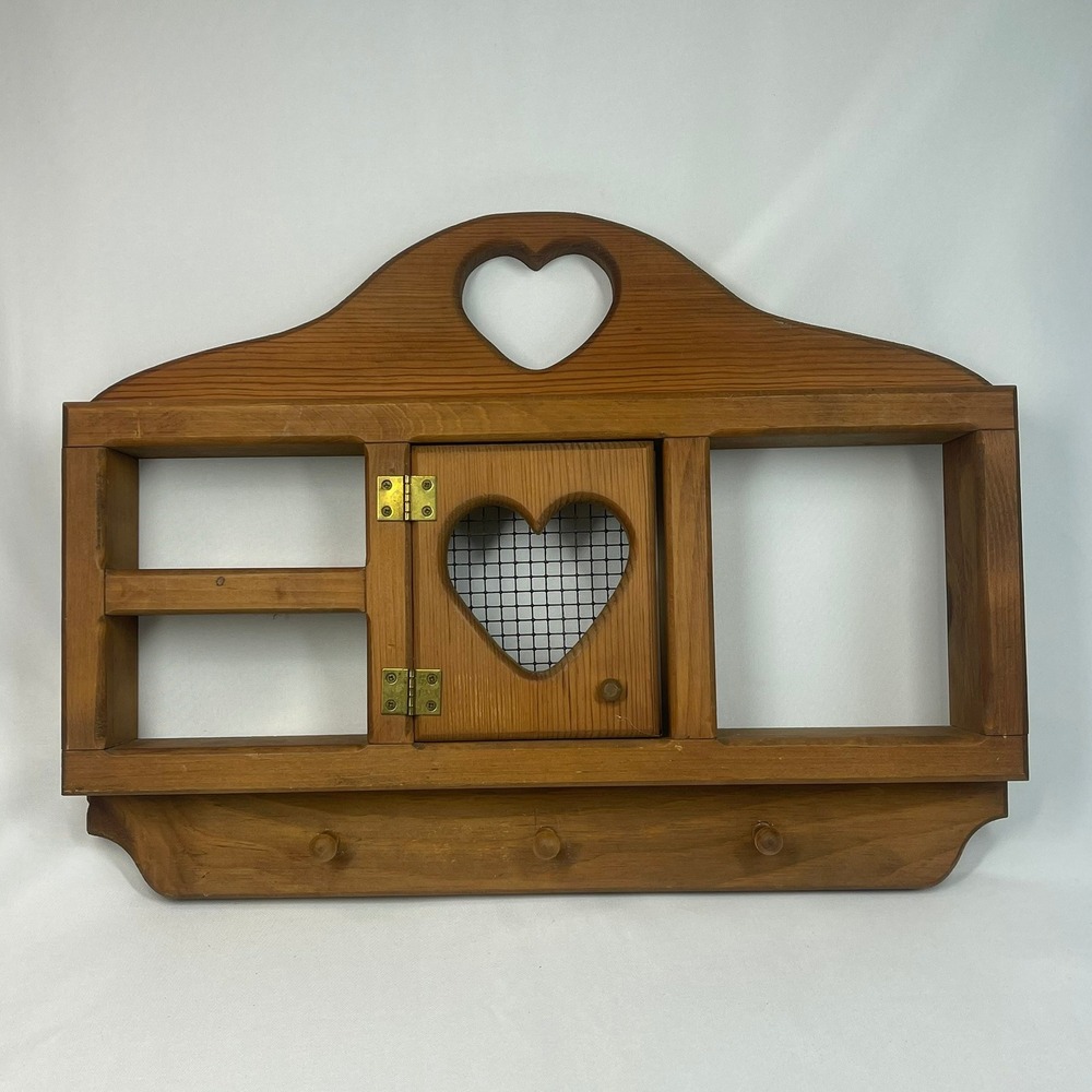 Vintage Rustic Wood Wall Shelf Cubby Heart Cutouts Mesh Door Pegs Farmhouse